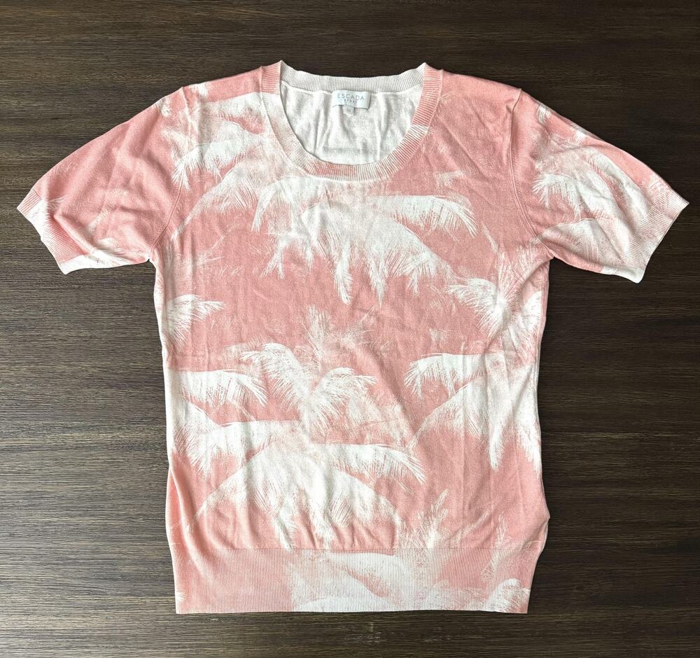 Escada Sport Knit Top Shirt Womens Medium Pink Palm Print Short Sleeve